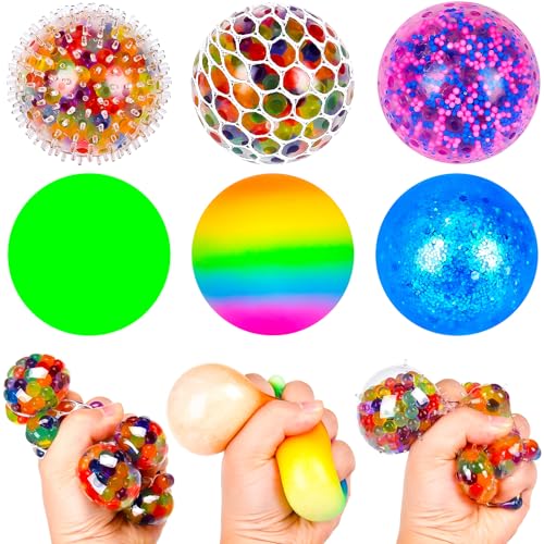 6 Stück Stressball Mesh Stressbälle mit Wasse Perlen Regenbogen Squeeze Bälle Anti Stress Squeeze Traubenbälle für Kinder Erwachsene ADHS Angst OCD Angst abbauen und Beruhigung