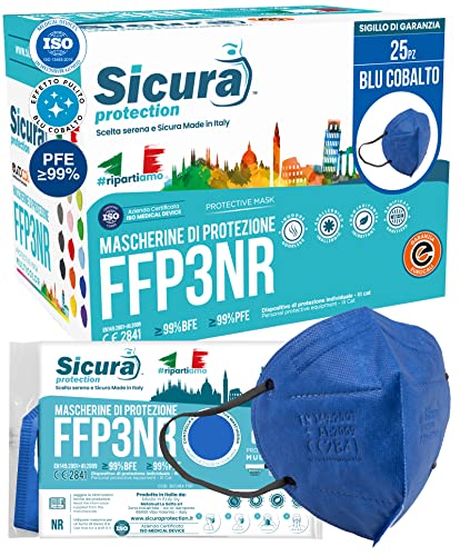 25 FFP3-Masken CE-zertifiziert COBALTBLAU Schwarze Gummibänder Made in Italy geprägtes SICURA-Logo PFE 99% BFE 99% SANITIZED einzeln versiegelte Maske