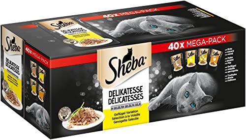 Sheba Katzennassfutter Delikatesse in Gelee 40 Portionsbeutel 40x85g Katzenfutter nass feine Geflügel Variation mit Ente Huhn Geflügel und Truthahn