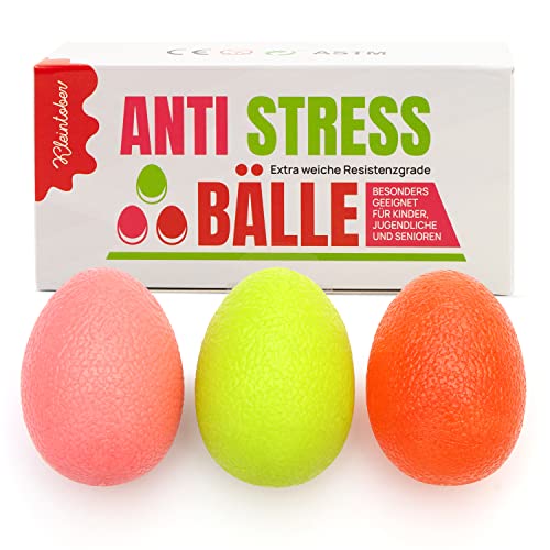 KLEINTOBER Eiförmige Antistressbälle 3 Stück Griffbälle für Entspannung als Fingertrainer und für die Motorik verschiedene Härtegrade Anti-Stress-Ball