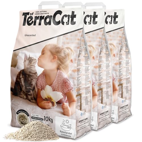 TerraCat Katzenstreu 37.5L - 3er Pack Cat Litter 100% Griechischer Bentonit Katzenstreu Klumpstreu Hohe Saugfähigkeit Klumpstreu für Katzen Staubfrei Katzenstreu Klumpend Unparfümiert 30Kg