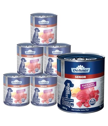 Dehner Premium Hundefutter Nassfutter getreidefrei für ältere Hunde Rind Lamm Kartoffel 6x 800g Dose 4.8