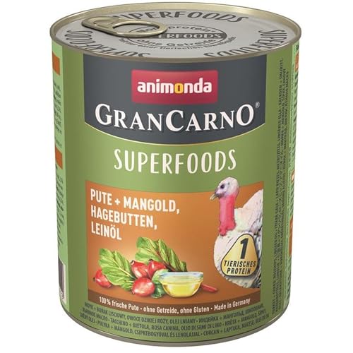 animonda Gran Carno adult Superfoods Hundefutter Nassfutter für ausgewachsene Hunde Pute Mangold Hagebutten Leinöl 6 x 800 g