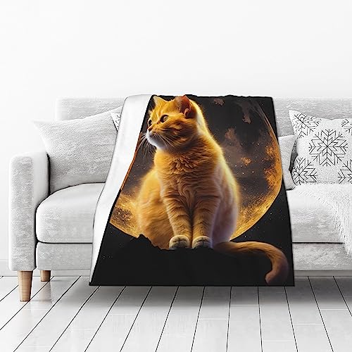 NEI-WAI Gelbe Katze im Mondschein Decke - Bezaubernde gelbe Katze im Mondschein gebadet Perfekt fÃ¼r Sofa Bett verleiht Ihrem Raum eine Prise Verspieltheit und Mysterium 100x125CM