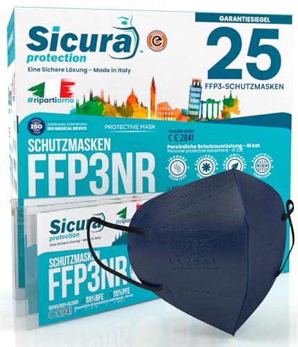 25x CE-zertifizierte FFP3 Masken Blau mit Schwarzen Gummibänder Made in Italy mit aufgedrucktem SICURA-Logo PFE 99% BFE 99% SANIFIZIERT einzeln versiegelt