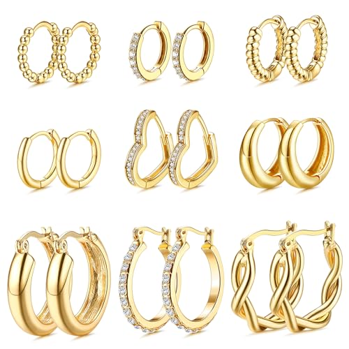 KALVICA 9 Paare Gold Creolen Ohrringe für Damen Mädchen 14K Vergoldet Kleine Twisted Herz Huggie Creolen Mode Chunky Gold Ohrringe Set