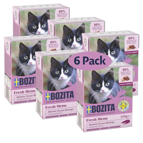 Bozita Nassfutter-Häppchen für Katzen in Sauce mit Garnelen- 6er Pack 370g verlockendes Katzenfutter ohne Getreide und Zucker - Für Adult-Katzen mit 7 5% Protein 5% Fettgehalt ohne Gentechnik