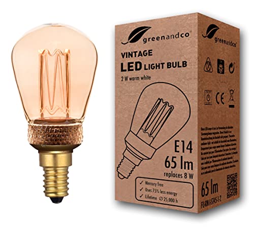 GreenAndCo Vintage Design Lampe zur Stimmungsbeleuchtung ST45 Edison Glühbirne 2W 65lm 1800K gold extra warmweiß 320 230V flimmerfrei nicht dimmbar 2 Jahre Garantie