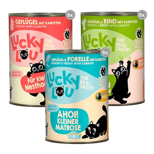 Lucky Lou Kitten Katzenfutter nass - hochwertiges Kittenfutter mit viel Protein - Nassfutter getreidefrei ohne Zucker für Junge Katzen Junior Katzen 400g 18er Pack