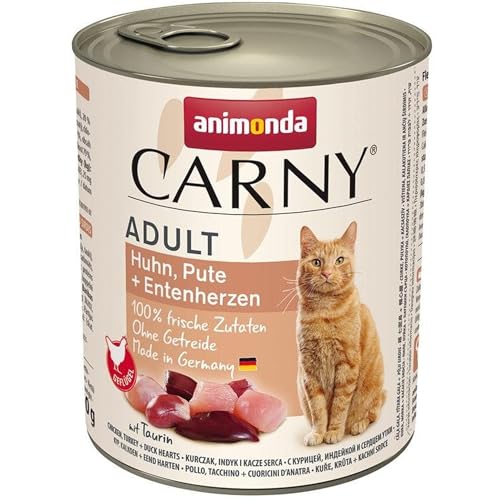 Carny Katzen Nassfutter Huhn Pute Entenherzen 6 x 800g Katzen Nassfutter von animonda ohne Getreide und Zucker mit frischen fleischlichen Zutaten