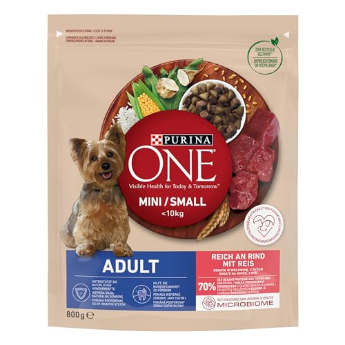 PURINA ONE Mini Small Adult Hundefutter trocken für kleine Hunde reich an Rind Reis 8er Pack 8 x 800g