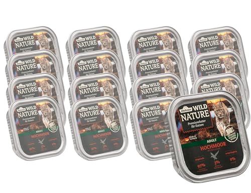 Dehner Wild Nature Katzenfutter Hochmoor Nassfutter getreidefrei zuckerfrei für ausgewachsene Katzen Ente Pute 16 x 100 g Schale 1.6 kg