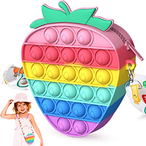 YOGINGO Push Tasche Handtasche Popit Tasche 2 in 1 Toys Taschen Umhängetasche mit Längenverstellbarem Tragegurt Anti Spielzeug Schultertasche für Erwachsene Erdbeere