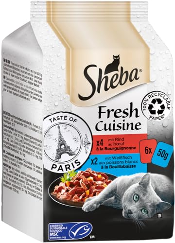 SHEBA Portionsbeutel Multipack Fresh Cuisine Taste of Paris mit Rind und mit Weißfisch MSC 6x50g