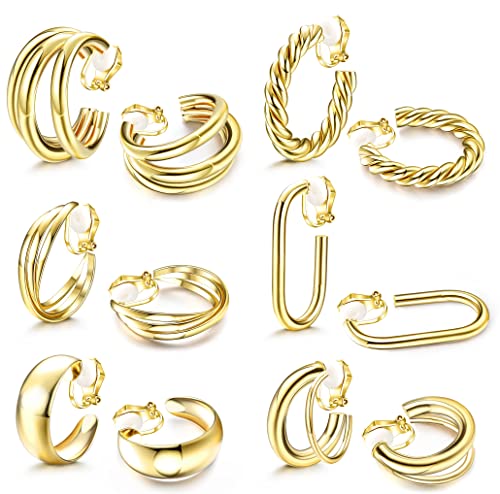 Kakonia 6 Paar Ohrclips Damen Ohne Ohrlöcher Chunky Creolen Twist Triple Square Creolen Ohrklipser Ohrclips Mädchen Kein Piercing Clip Ohrringe Set