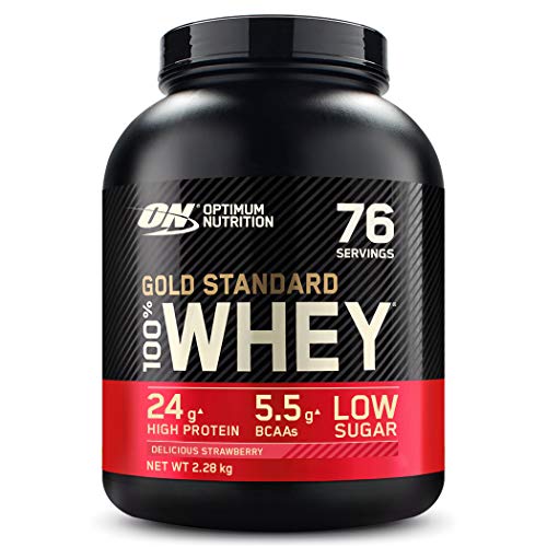 Optimum Nutrition ON Gold Standard zum Muskelaufbau natürlich enthaltene BCAA Glutamin Delicious Strawberry 76 Portionen 2.28kg Verpackung kann Variieren