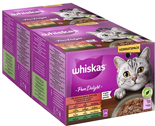 Whiskas 1 Katzenfutter Pure Delight Klassische Auswahl Gelee 24x85g 2 Packungen Hochwertiges Nassfutter für ausgewachsene Katzen 48 Portionsbeuteln