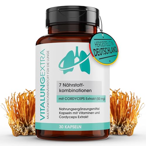 VitalungExtra Lungenkraut 50mg für die Lunge Vitamin A D3 C E B6 chinesischem Vitalpilz Lungenkraut Atem Komplex 30