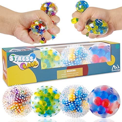 MIMIEYES Stressball Anti Stress Bälle Ball 4er Pack Bunte Quetschball Antistressball mit Wasse Perlen für Dekompression