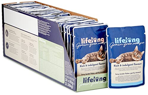 Amazon Marke Lifelong Getreidefreies Nassfutter für ausgewachsene Katzen Fleischauswahl in Gelee Huhn Ente Truthahn Rind 2 4kg 28x 85g