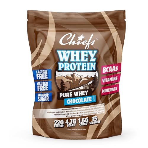 Chiefs Whey Protein Pulver Chocolate 450g 22g Eiweiß pro Portion zum Muskelaufbau Mit BCAAs Vitaminen Mineralien Laktosefrei low sugar Eiweißpulver High Protein