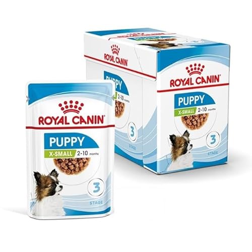 ROYAL CANIN X-Small Puppy 12 x 85 g Feuchtnahrung für besonders kleine Hundewelpen Bis zum 10. Lebensmonat Mit Häppchen in Soße Im Pouchbeutel