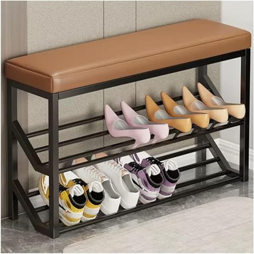 BUXTOM Schuheingangsbank 2-stöckige Schuhbank mit Sitz Eingangsbank Aufbewahrungsregale aus Metall Schuhständer Schuhregal-Organizer für den Flur Black Brown 100cm