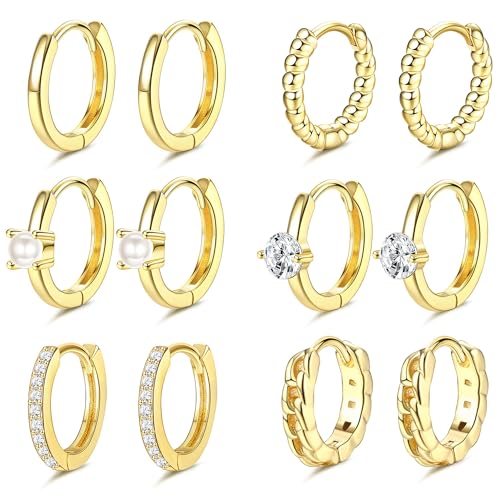 LOLIAS Ohrringe Gold Creolen für Damen 6 Paar 14 Karat Gold Huggie Creolen hypoallergen Helix Knorpel Piercing Schmuck mit Zirkonia Perle goldene Creolen Schmuckset