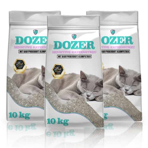 10kg Dozer Katzenstreu Sensitive mit Babypuderduft Klumpstreu Premium 39L Katzenstreu mit Babypuder-Duft - Feine Klumpstreu aus Bentonit 3 x 10 kg 39 Liter