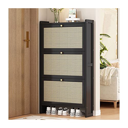 Rattan-Schuhschrank freistehend schmal Holz Schuhregal Organizer mit Klapp- Schubladen Eingangsbereich Flur Wohnzimmer Aufbewahrungslösung Größe 120 x 7