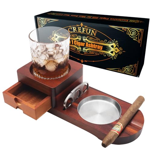 Holz Zigarren Aschenbecher Whiskey Untersetzer - Crefun CK2631 zigarren zubehör für männer Whiskey zigarren geschenkset mit abnehmbarer aschenbecher Schublade Zigarrenschneider und 2 zigarrenhalter