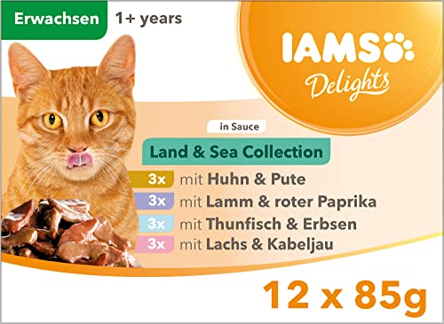 IAMS Delights Land Sea Collection Katzenfutter Nass   Multipack mit Fleisch und Fisch Sorten in Sauce Nassfutter ab 1 Jahr 12x 85 g