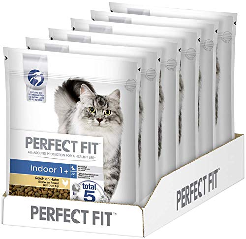 Perfect Fit Indoor 1 Trockenfutter für erwachsene Hauskatzen ab 1 Jahr Reich an Huhn Unterstützt die Vitalität 6 x 750 g