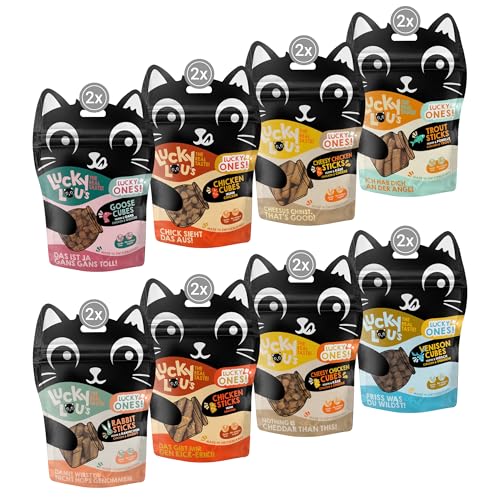 Lucky Lou Katzen-Leckerlies Snack Box - Lucky Ones Leckerli für Deine Katze mit Sticks Cubes zum Kennenlernen - Katzen-Snacks getreidefrei ohne Zucker 16er Pack mit 8 Sorten