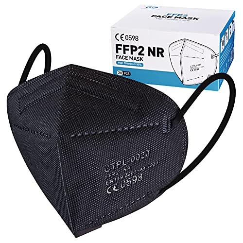 20ück FFP2 Schwarz CE0598 Zertifizierung FFP2 Filtr rate 95% 5 Lagige Maske Einzeln verpackte KN95 FFP2 Maske atmungsaktive verstellbarem Nasendraht FFP2 Atemschutzmaske