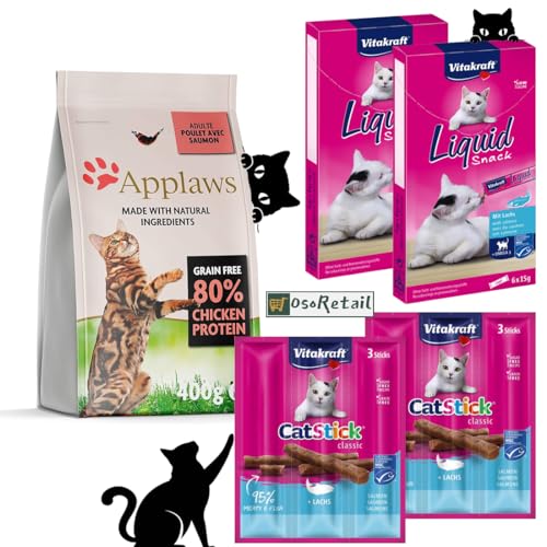 OsoRetail Applaws Trockenfutter Huhn und Lachs 400g für ausgewachsene Katzen und 2x6 Vitakraft Snack Liquid Lachs mit Omega3 2x3 Vitakraft Stick Mini Lachs