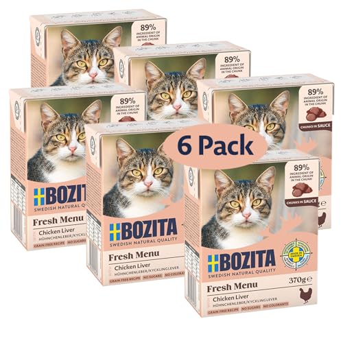 Bozita Nassfutter-Häppchen in Sauce mit Hühnchenleber - 6er Pack 370g schmackhaftes Katzenfutter ohne Getreide und Zucker - Katzenfutter mit 7 5% Protein 5% Fettgehalt ohne Gentechnik