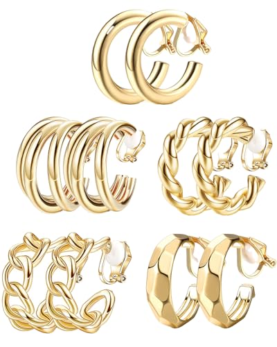 KGDUYC 5 Paare Gold Ohrclips für Damen - Gold Chunky Creolen Set Clip Ohrringe Ohne Ohrlöcher Hypoallergen Modeschmuck Geschenk Geeignet für Partys Abschlussfeiern usw