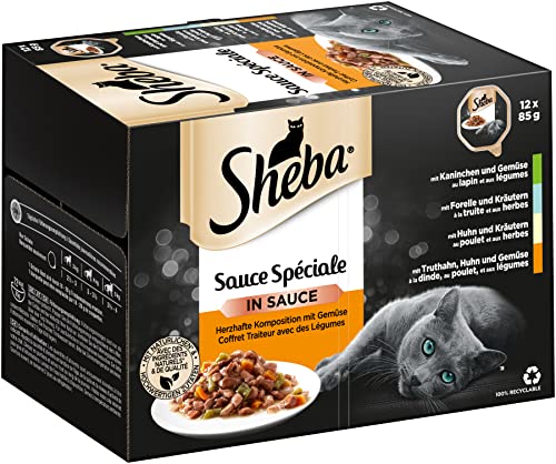 Sheba Sauce Sp ciale Herzhafte Komposition Edle Nassfutter-Kreationen in Sauce mit Gemüse 72 x 85g Katzennahrung in der Schale