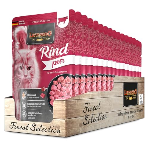 Leonardo Frischebeutel 16x85g Rind pur Getreidefreies Nassfutter für Katzen Feuchtfutter Alleinfutter im Einzelportionsbeutel