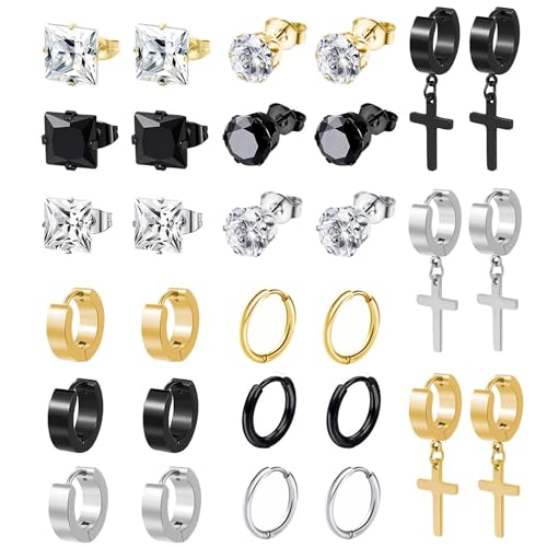 BVLAGIDA 15 Paar Herren Ohrringe Edelstahl Kreuz Anhänger Ohrringe Set Ohrringe Creolen Zirkonia Ohrstecker für Herren Damen Silber Schwarz Gold