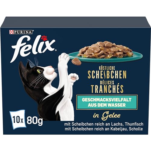 Felix Köstliche Scheibchen Katzenfutter nass in Gelee Geschmacksvielfalt aus dem Wasser 6er Pack 6 x 10 Beutel 80g