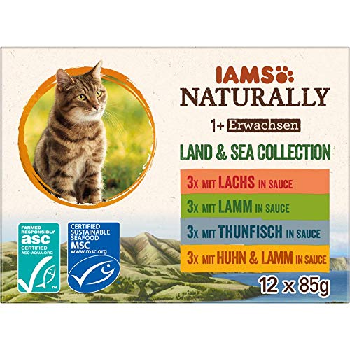 IAMS Naturally Katzenfutter Nass in Sauce - hochwertiges Nassfutter mit Fleisch und Fisch für erwachsene Katzen Land Sea Collection 12 x 85 g