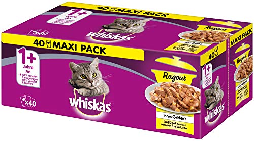 Whiskas 1 Katzenfutter Ragout Geflügel-Auswahl in Gelee Abwechslungsreicher Geschmack durch verschiedene Geschmacksrichtungen 40 Portionsbeutel 85g