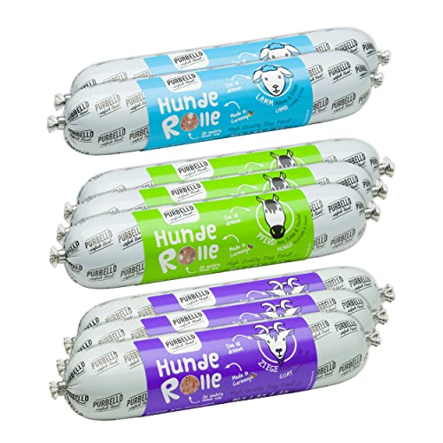 PURBELLO Hunde-Rolle Nassfutter Mix-Paket I - 3 x Pferd 3 x Ziege 2 x Lamm - Monoprotein Hundefutter mit hohem Fleischanteil - Hundewurst schnittfest und getreidefrei 8 x 400g