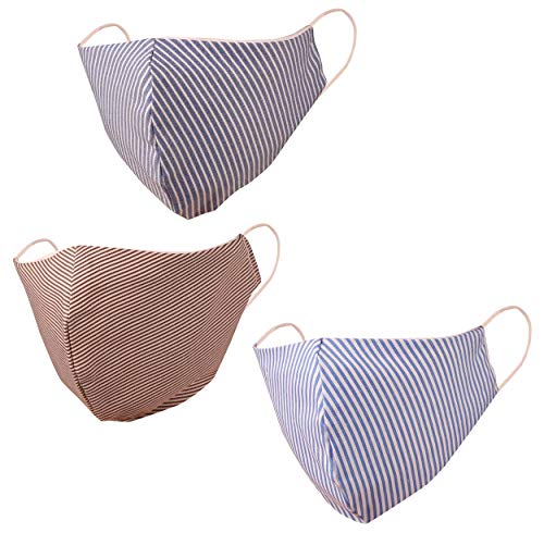 Gestreifte Baumwolle Small Size Gesichtsmasken Wiederverwendbare Waschbar Double-Layer-Gewebe Snug Komfortables Design mit elastischen Ohrschlaufen für Frauen Männer. Packung mit 3 . braun Blau