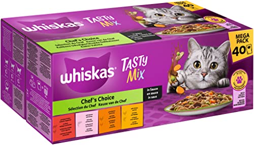 Whiskas 1 Katzenfutter Tasty Mix Chef s Choice Sauce 40x85g 1 Packung Hochwertiges Nassfutter fÃ¼r ausgewachsene Katzen 40 Portionsbeuteln