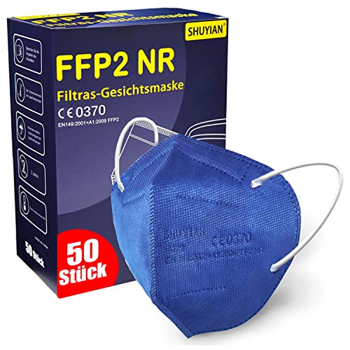 50 Stück FFP2 Maske Blau Atemschutzmaske 5-Lagen hygienisch einzelverpackt Mundschutzmaske Atemmasken 5 Schichten einzelner gepackter Gesichtsschutzmaske CE Zertifiziert Partikelfiltermaske 95%