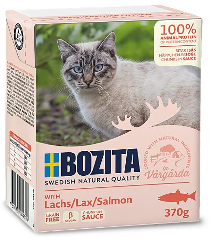 Bozita Häppchen in Soße Nassfutter mit Lachs im Tetra Recart 16x370g   Getreidefrei   nachhaltig produziertes Katzenfutter erwachsene   Alleinfuttermittel