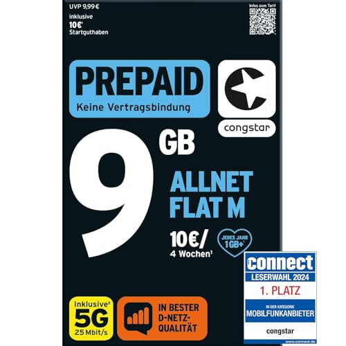 congstar Prepaid ALLNET M SIM-Karte ohne Vertrag I Allrounder Prepaid-Paket in D-Netz-Qualität I 9GB LTE mit 25 Mbit s 10 Startguthaben I Telefonie SMS Flat in alle dt. Netze I EU- Roaming inkl.